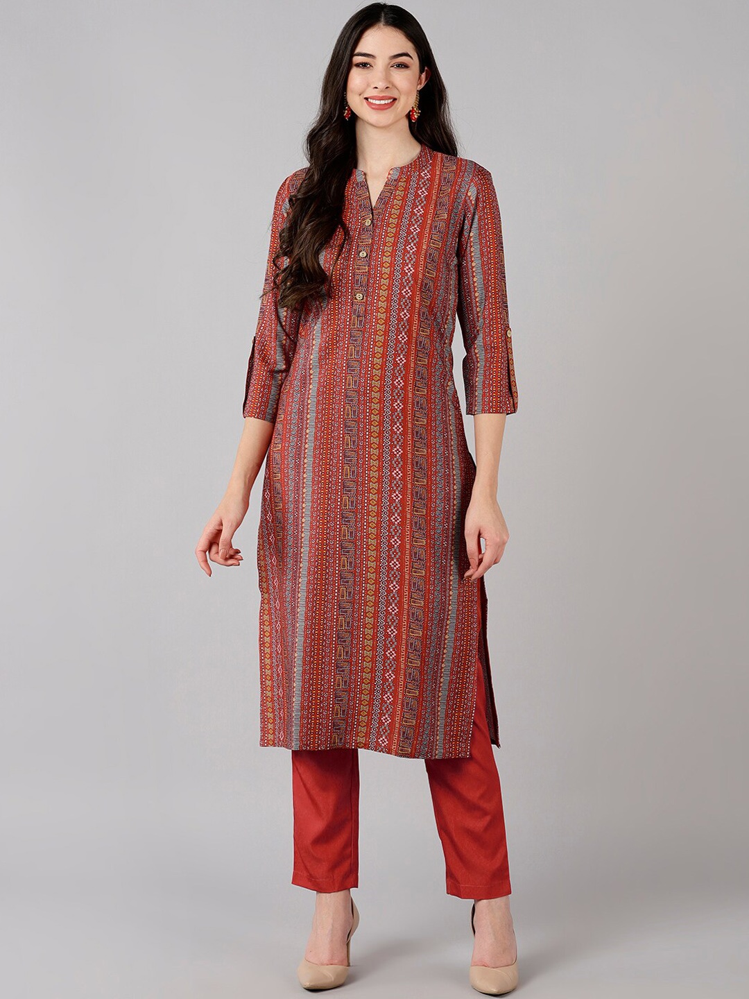 

AHIKA Women Red & Yellow Printed Kurta with Trousers