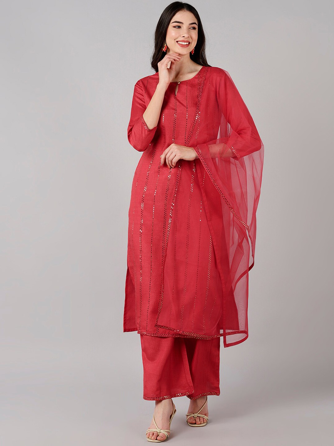 

AHIKA Women Red Embroidered Panelled Sequinned Kurta with Trousers With Dupatta