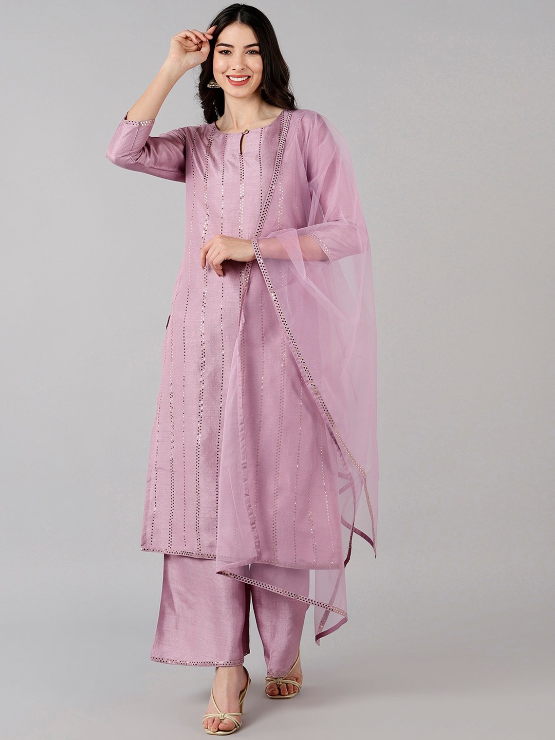

AHIKA Women Lavender Embroidered Mirror Work Kurta with Palazzos & With Dupatta
