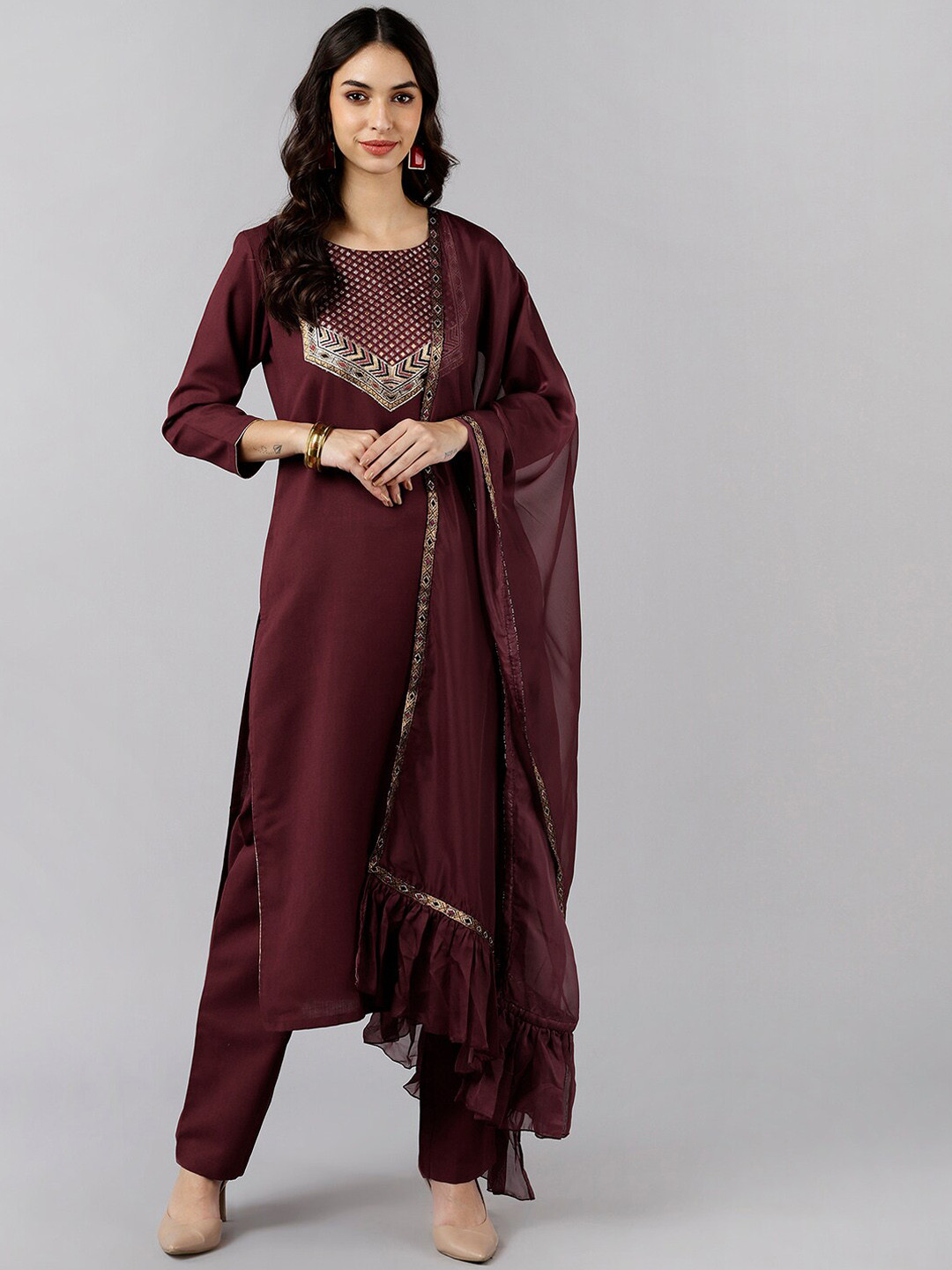 

AHIKA Women Burgundy Yoke Design Empire Thread Work Kurta with Trousers With Dupatta