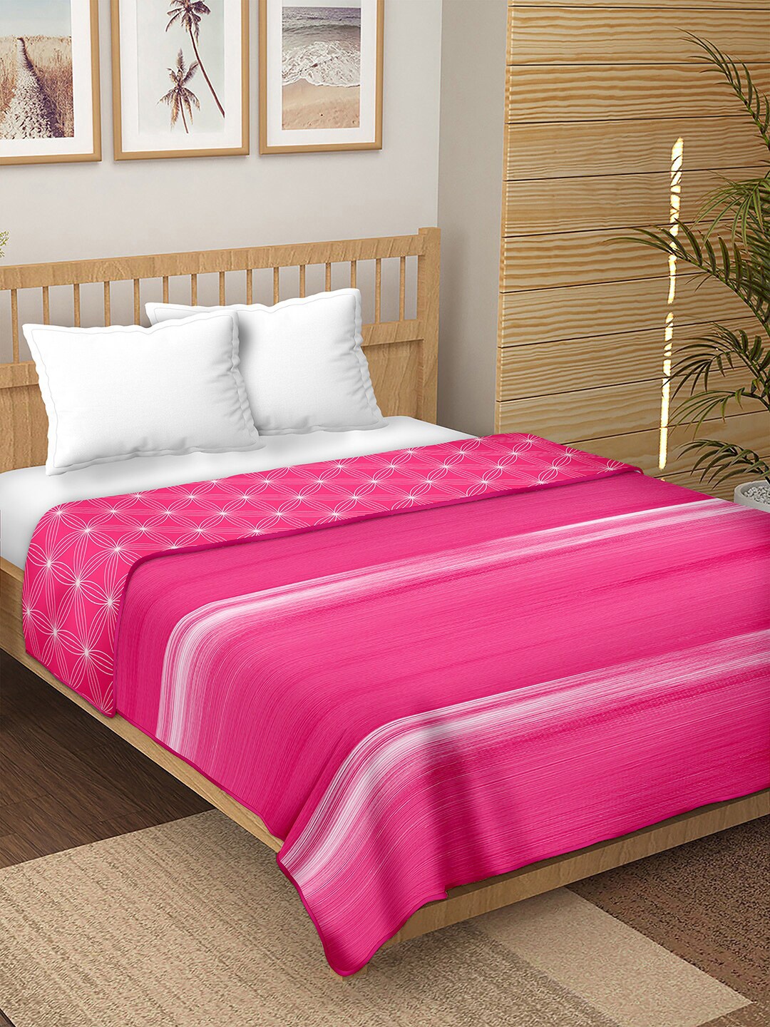 

BELLA CASA Pink & White 150 GSM Geometric Reversible AC Room Double Bed Dohar