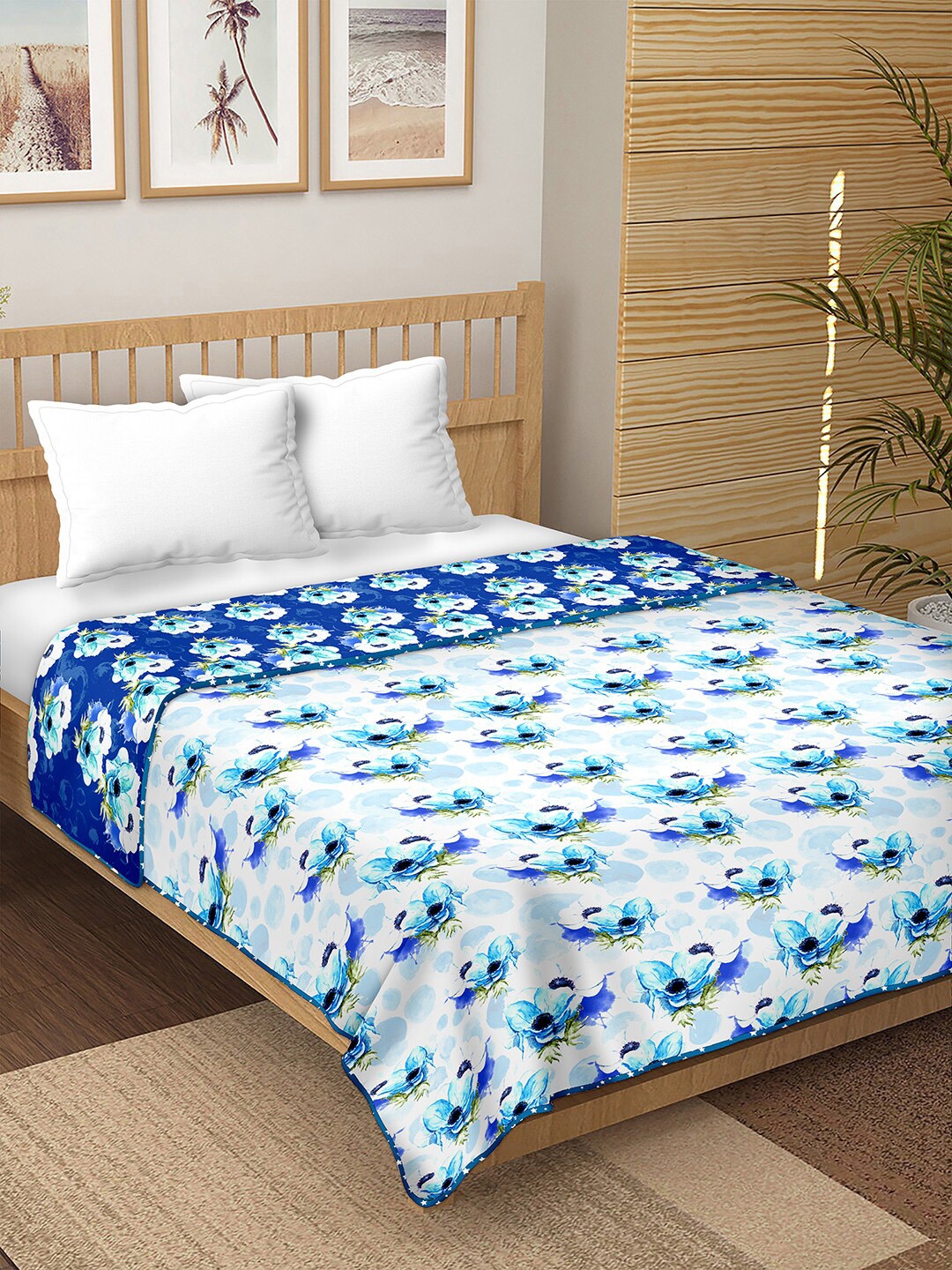 

BELLA CASA Blue & White Floral AC Room 150 GSM Double Bed Dohar