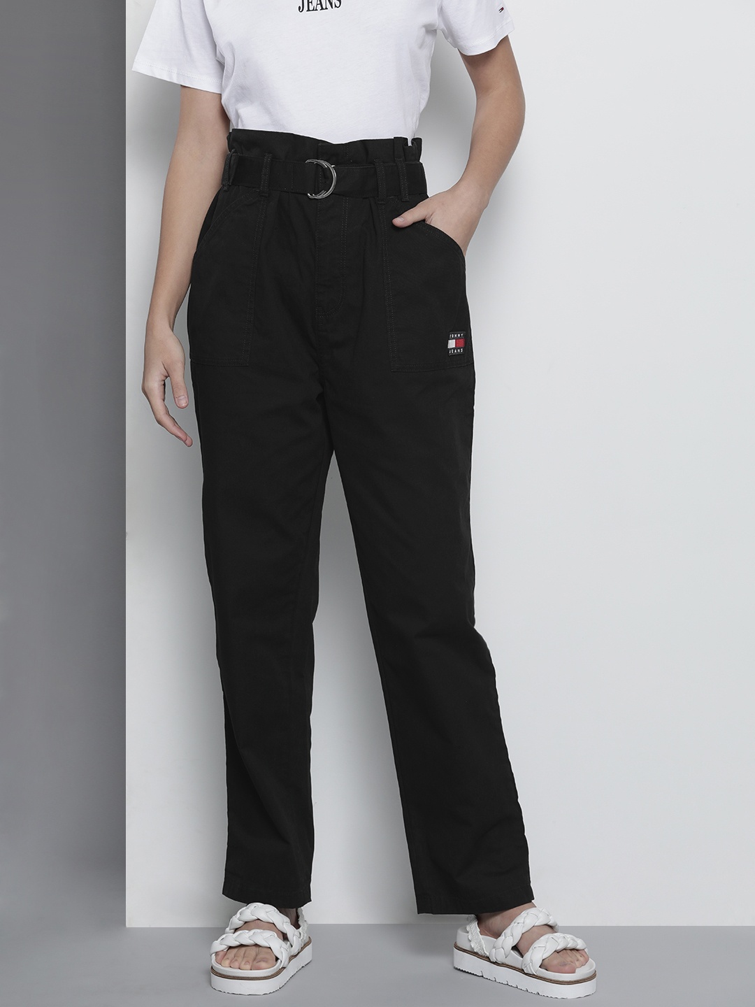 

Tommy Hilfiger Women Black High-Rise Paperbag Trousers