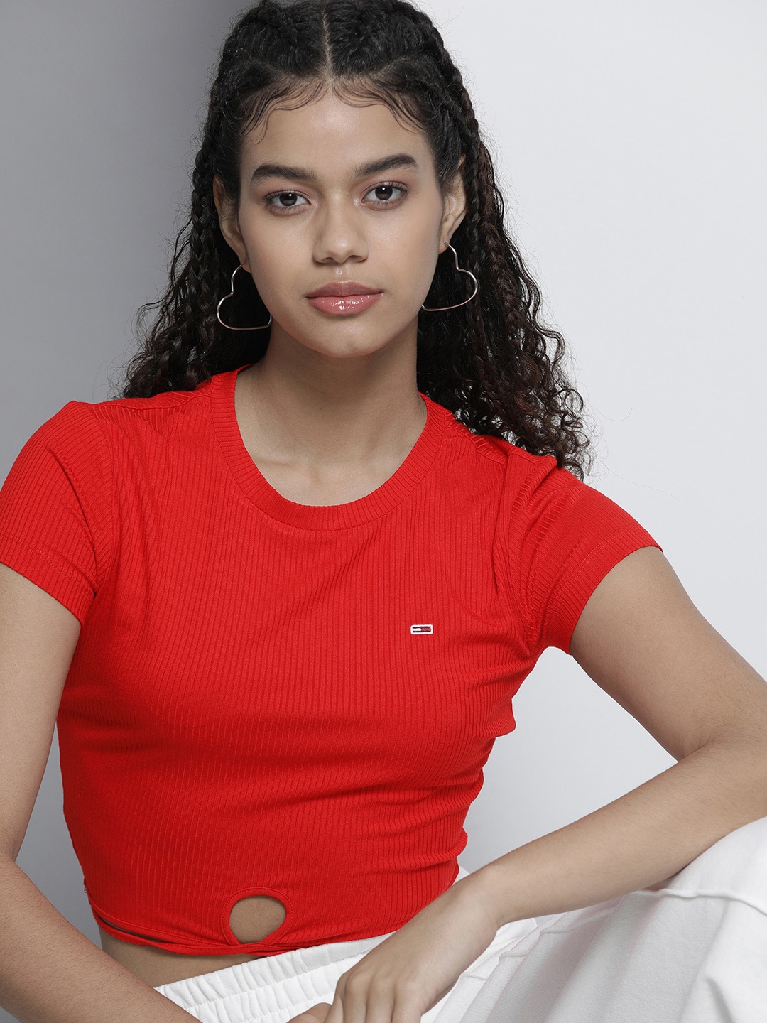 

Tommy Hilfiger Women Red Striped T-shirt With Front Knob
