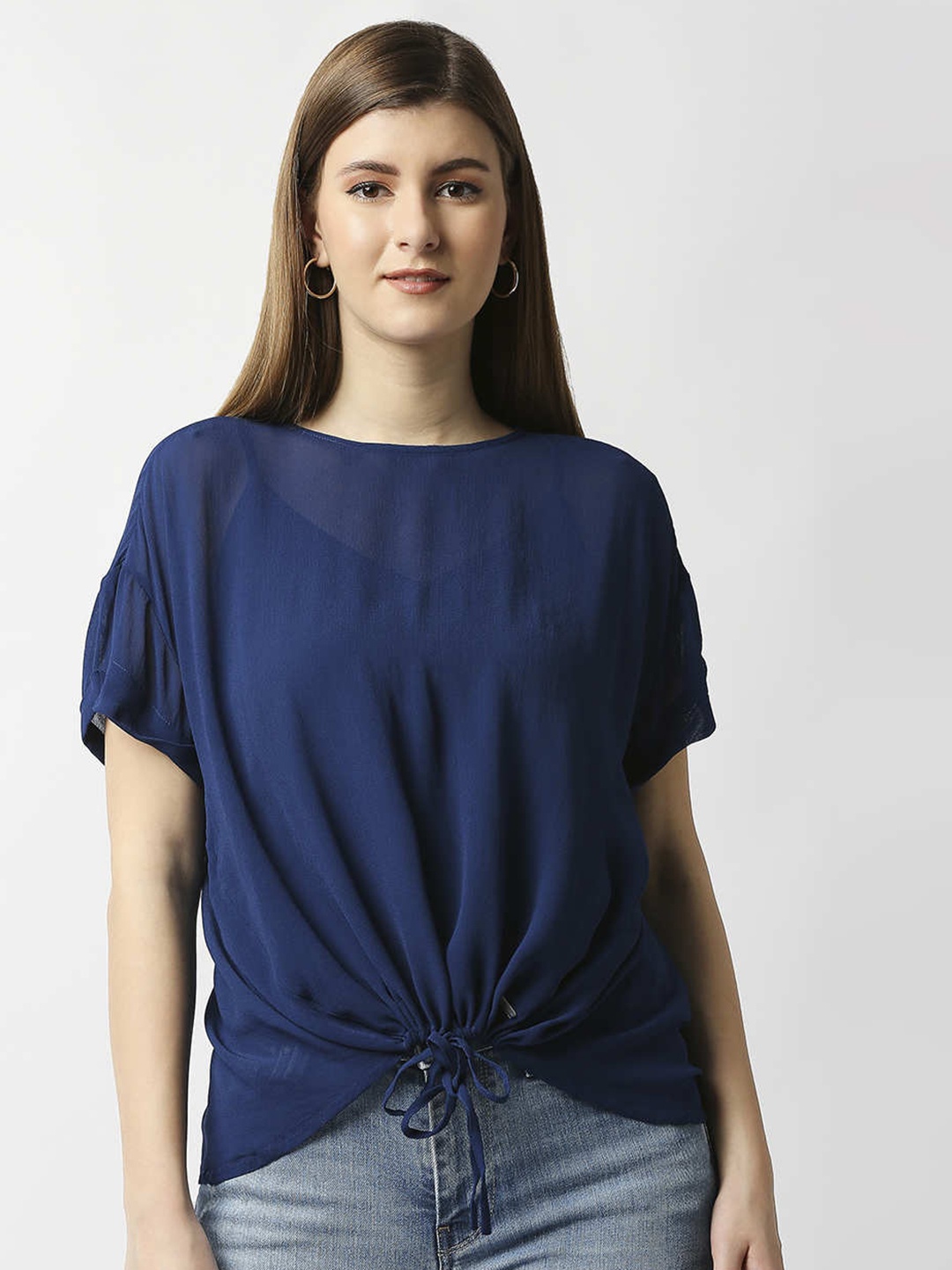 

Pepe Jeans Navy Blue Drop Shoulder Sleeves Top With Hem Tie-Up