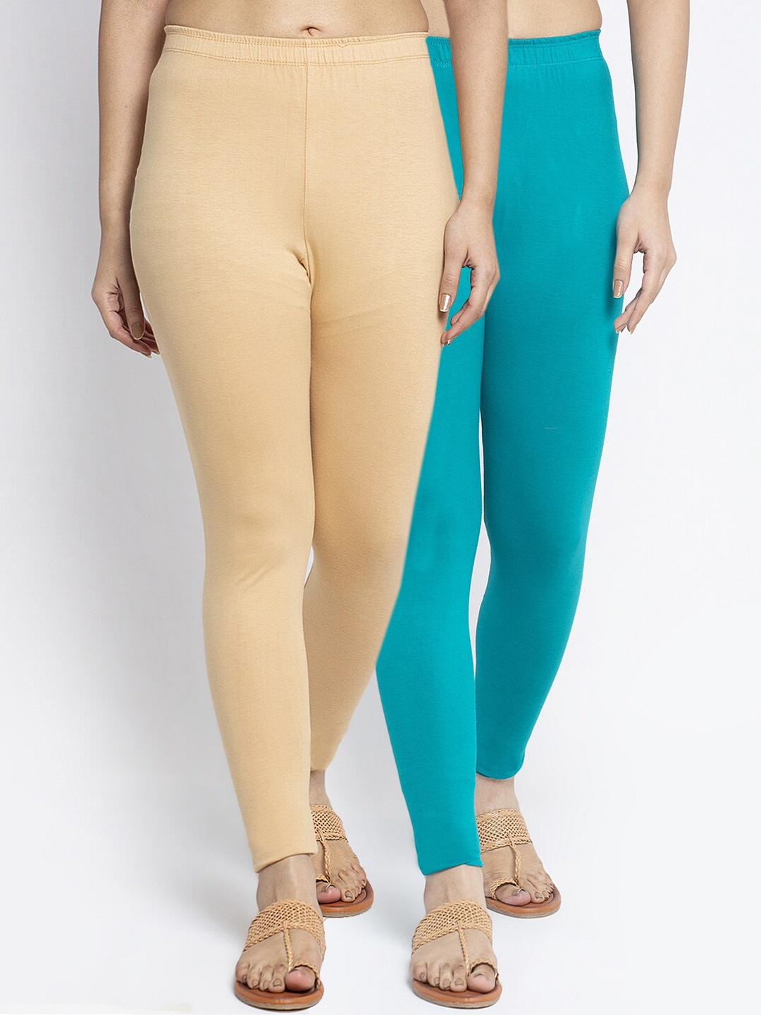 

Jinfo Women Pack Of 2 Solid Beige & Sea Green Solid Leggings