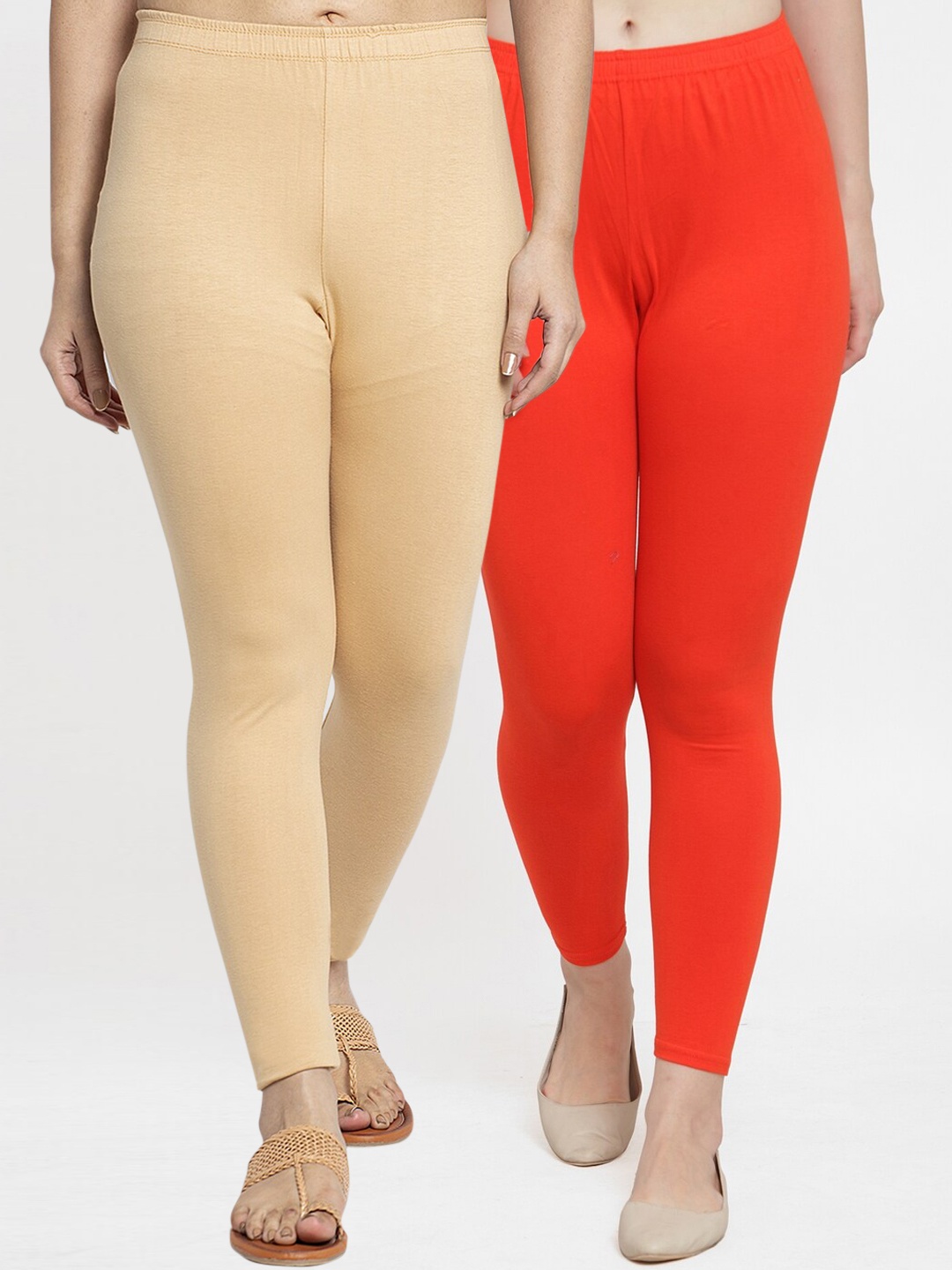 

Jinfo Women Pack Of 2 Red & Biege Solid Churidar-Length Leggings, Orange