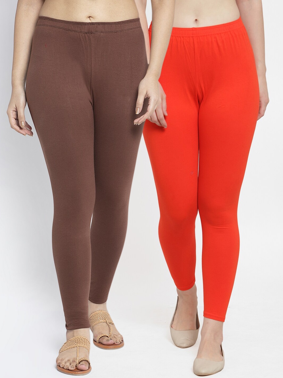 

Jinfo Women Pack Of 2 Solid Ankle-Length Leggings, Orange