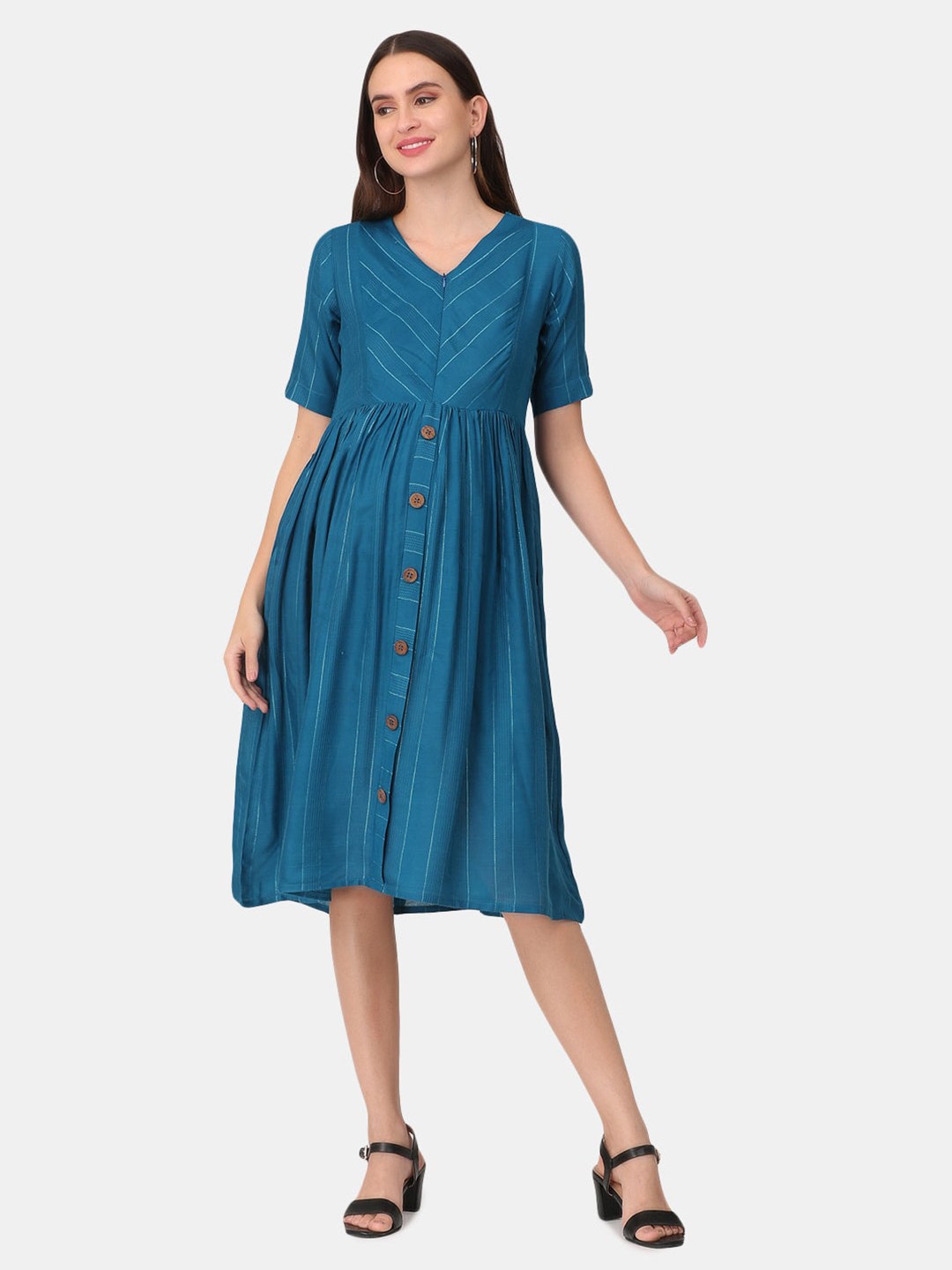 

The Mom Store Women Blue Striped Maternity Dress