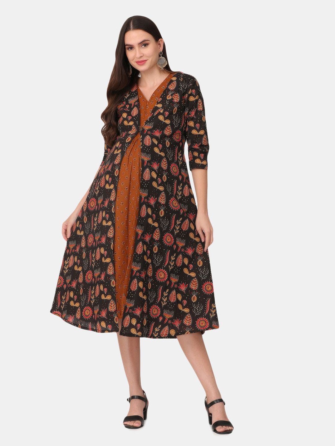 

The Mom Store Brown & Black Floral Layered Cotton Maternity A-Line Dress