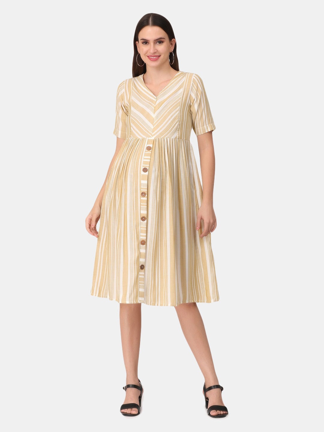 

The Mom Store Maternity Beige Striped Fit & Flare Dress