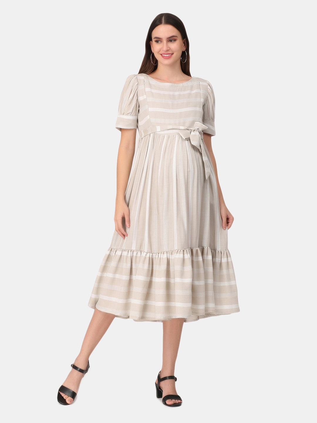 

The Mom Store Beige Striped Maternity A-Line Midi Dress