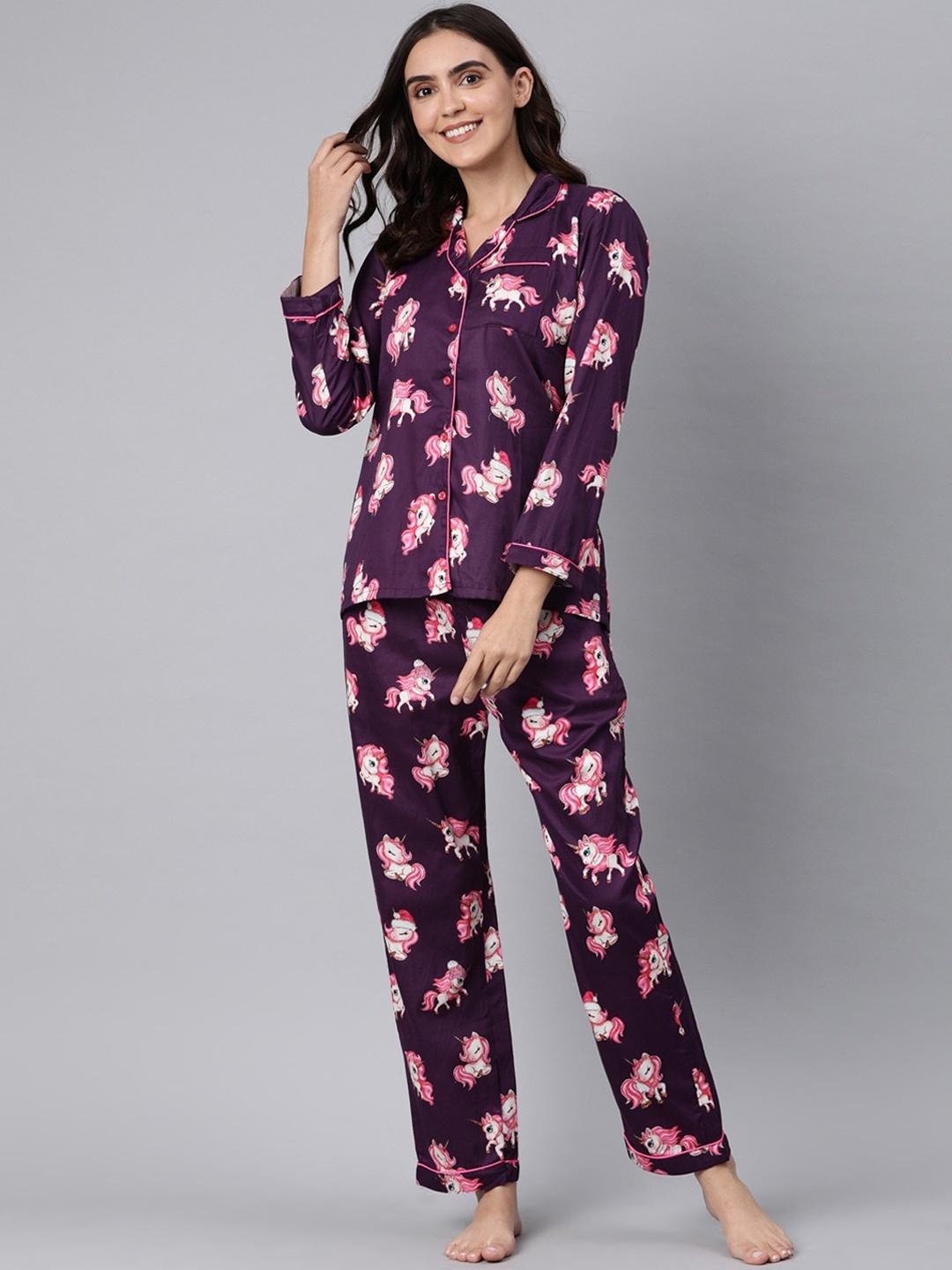 

Pyjama Party Women Purple & Pink Conversational Printed Pure Cotton Night suits
