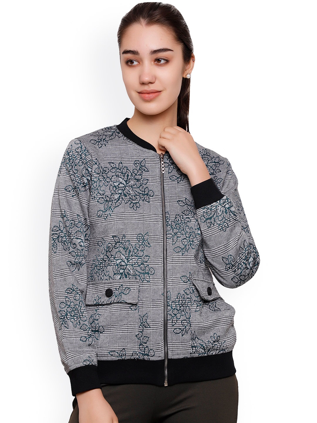 

DECHEN Women Green Floral Longline Leather Jacket