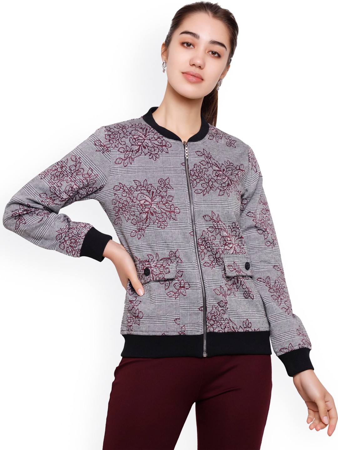 

DECHEN Women Grey Maroon Floral Tailored Jacket