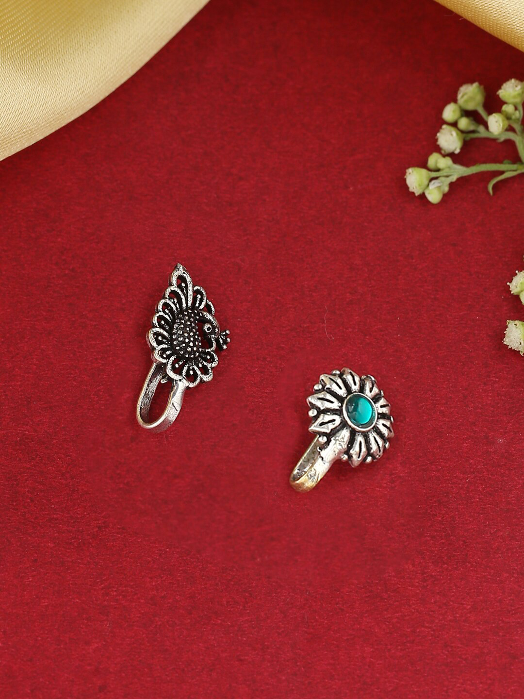 

VIRAASI Set Of 2 Oxidised Silver-Toned Stone Studded & Beaded Clip-on Nosepins