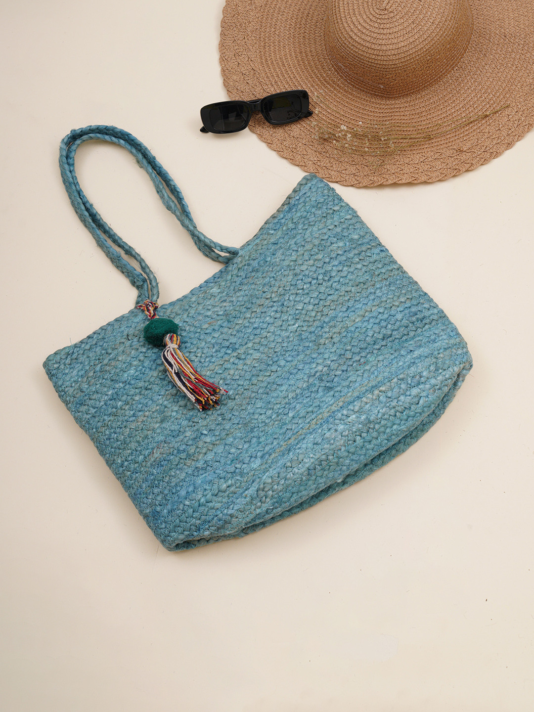 

FABBHUE Blue Self Design Jute Shoulder Bag