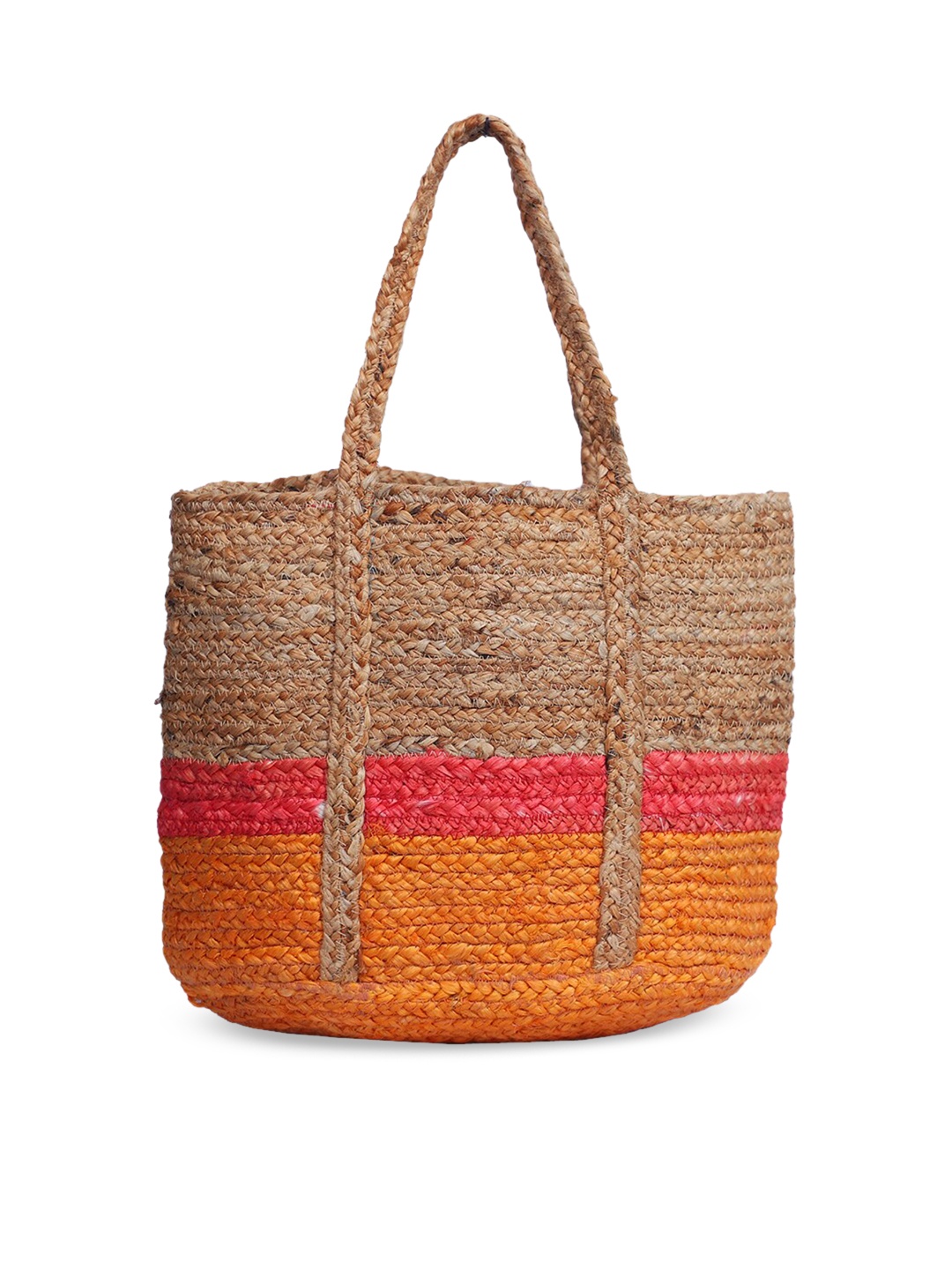 

FABBHUE Beige & Orange Colourblocked Shopper Tote Bag