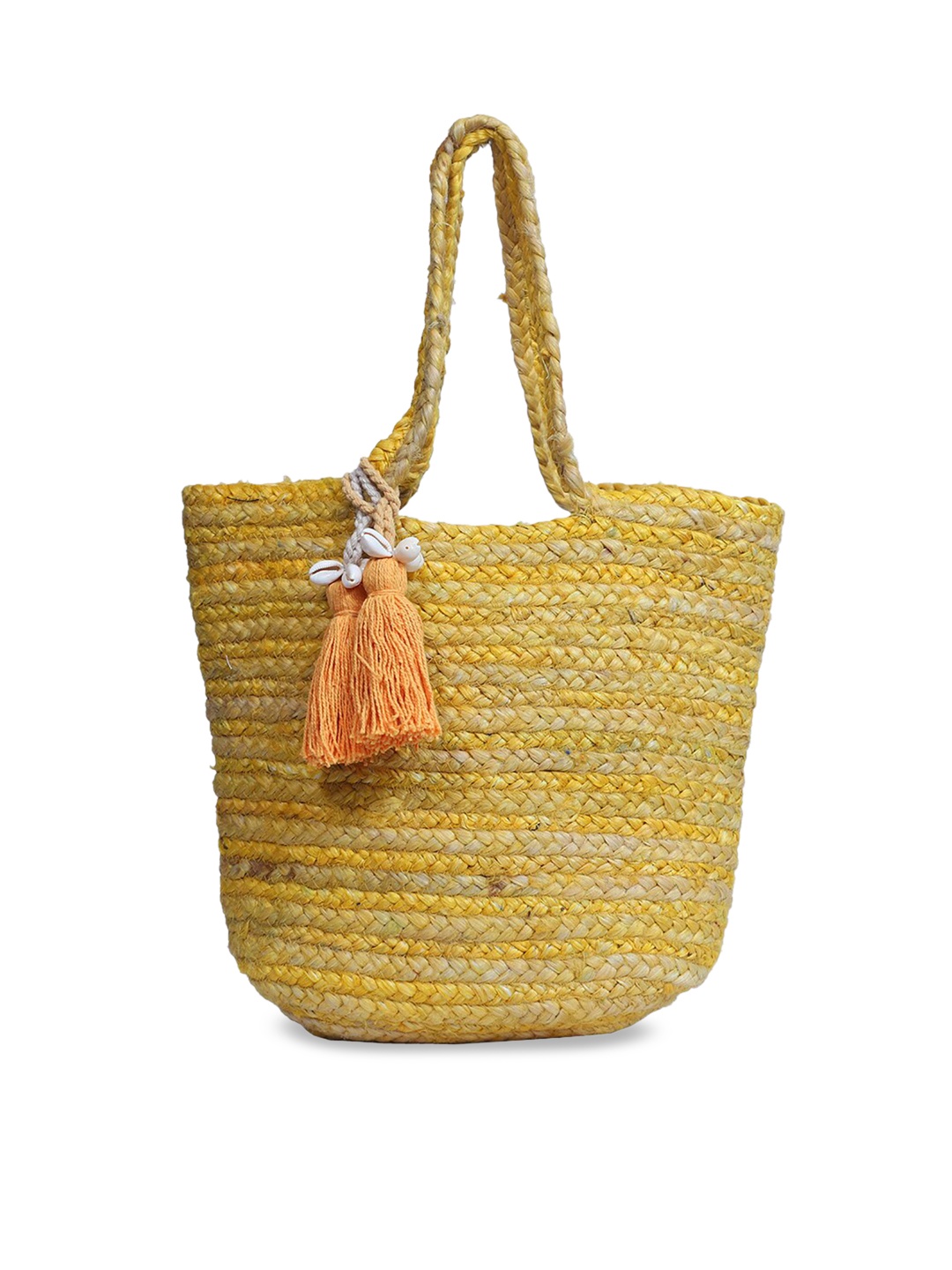 

FABBHUE Yellow Woven Design Shopper Tote Bag with Tasselled