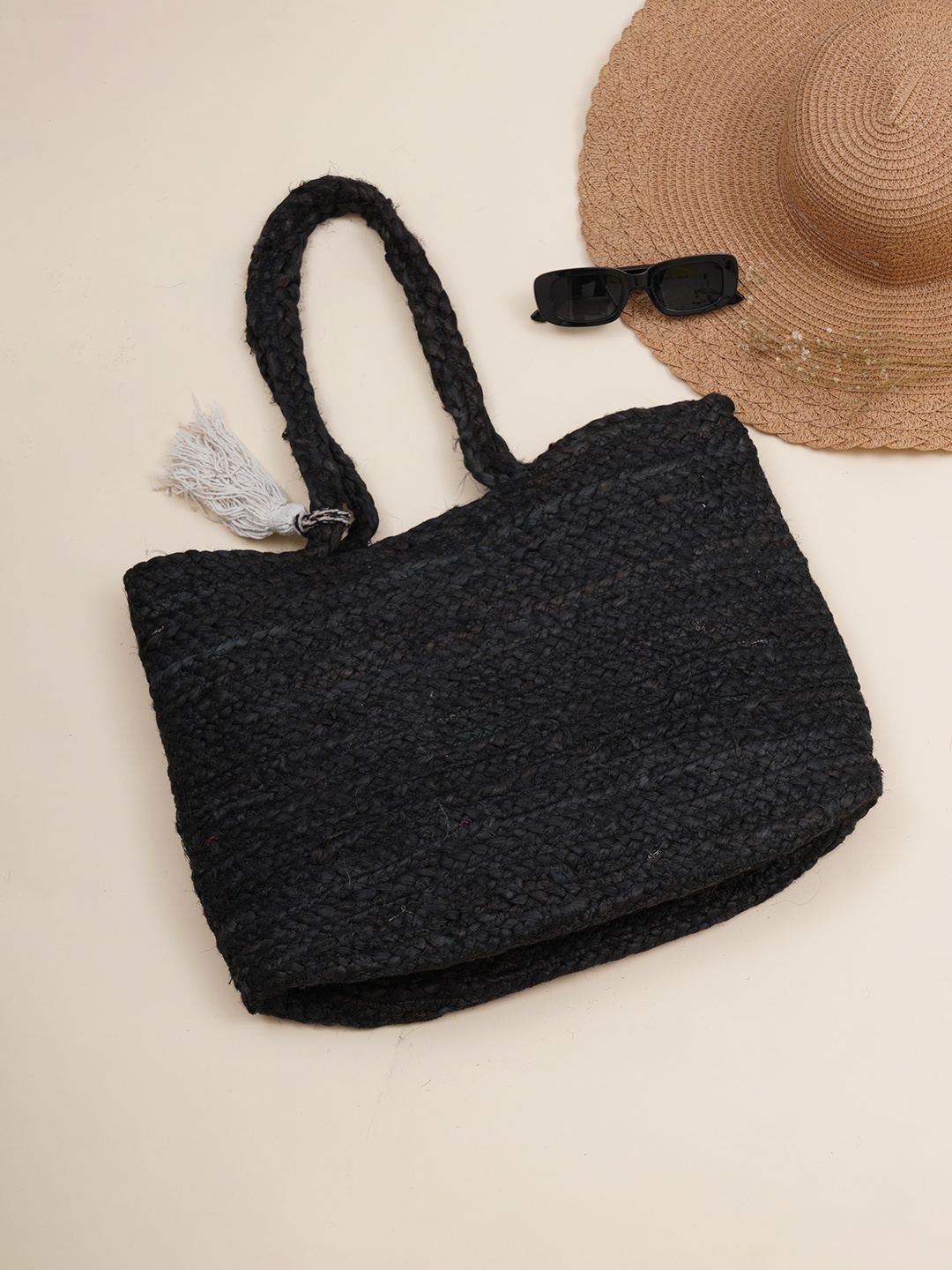 

FABBHUE Black Shopper Tote Bag with Tasselled