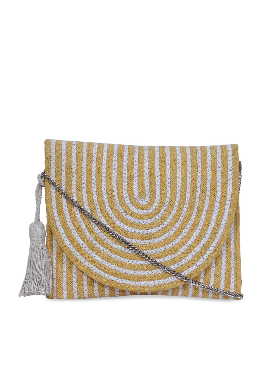 

FABBHUE Yellow & White Striped Structured Cotton Sling Bag