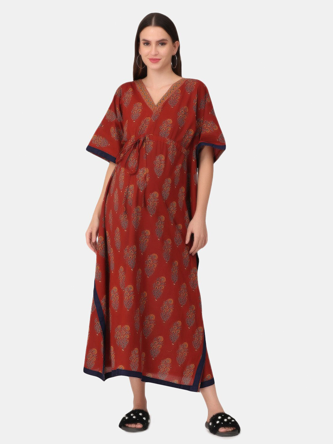 

The Mom Store Multicoloured Printed Maternity and Nursing Kaftan Nightdress, Multi