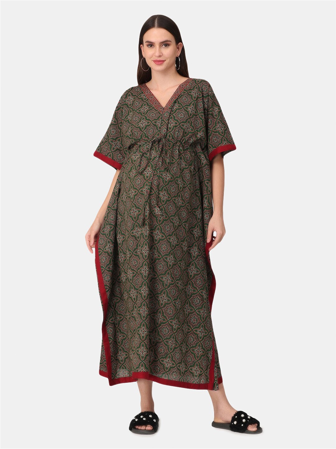

The Mom Store Multicoloured Printed Maternity and Nursing Kaftan Pure Cotton Nightdress, Multi