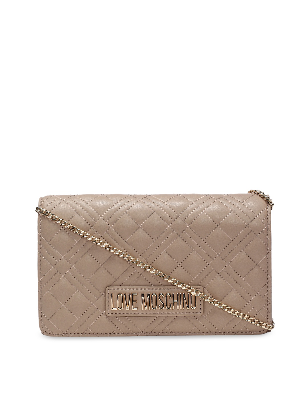 

LOVE MOSCHINO Beige Textured Leather Structured Sling Bag with Quilted