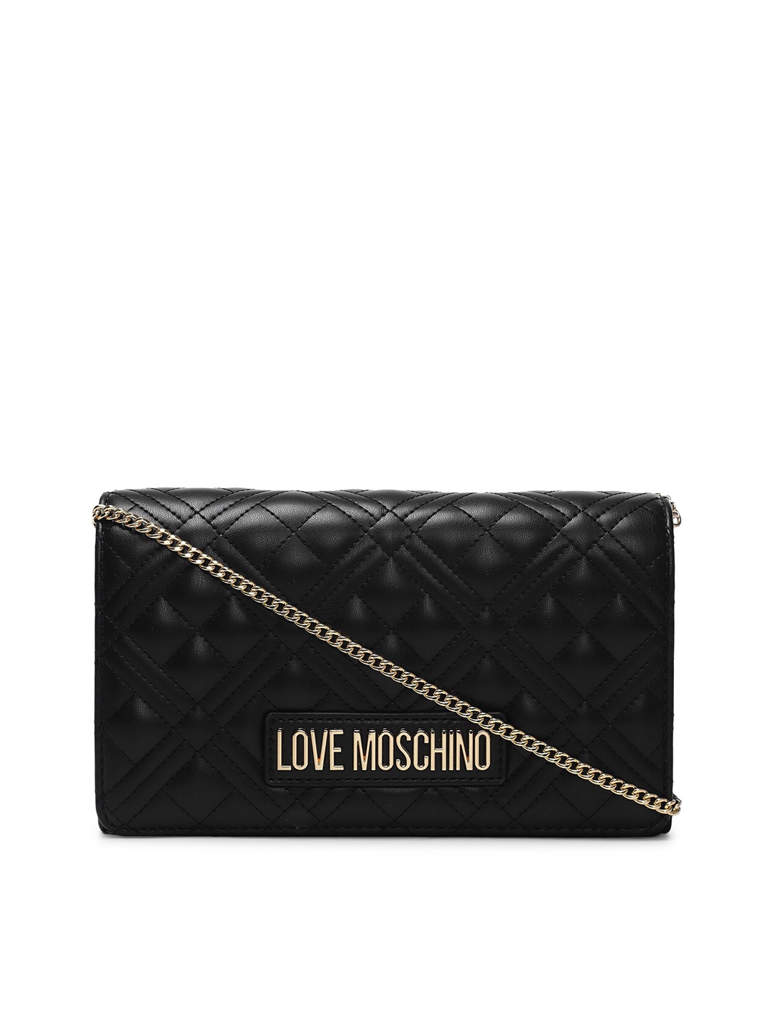 

LOVE MOSCHINO Black Textured Leather Structured Sling Bag with Quilted