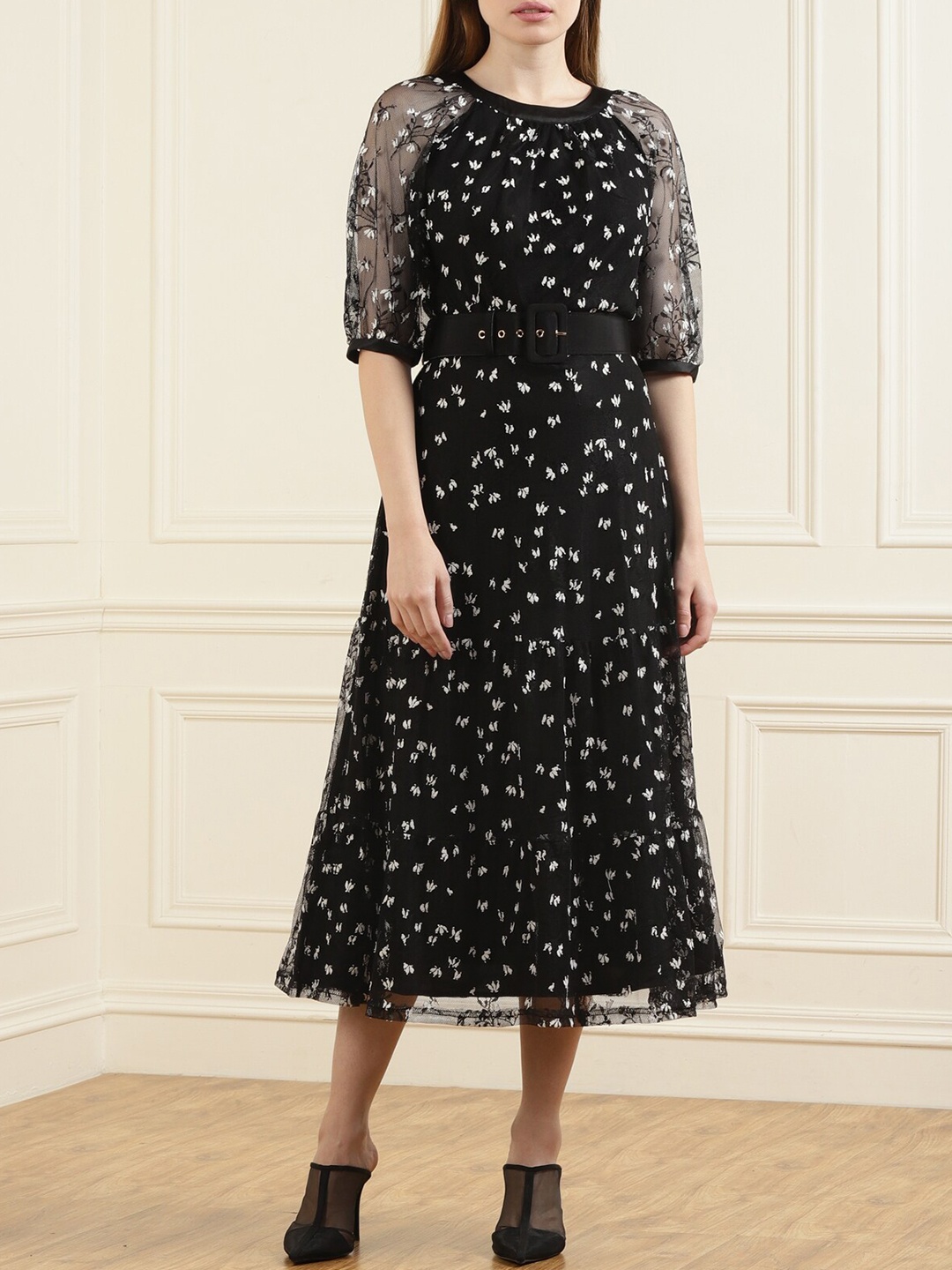 

Phase Eight Black Floral A-Line Midi Dress
