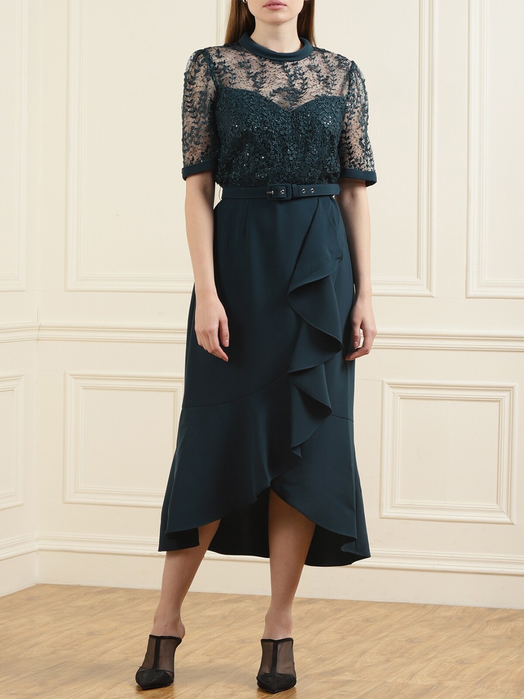 

Phase Eight Green Lace A-Line Ruffles Midi Dress