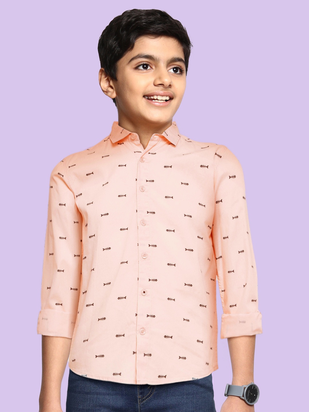 

M&H Juniors Boys Peach Orange Conversational Opaque Printed Pure Cotton Casual Shirt