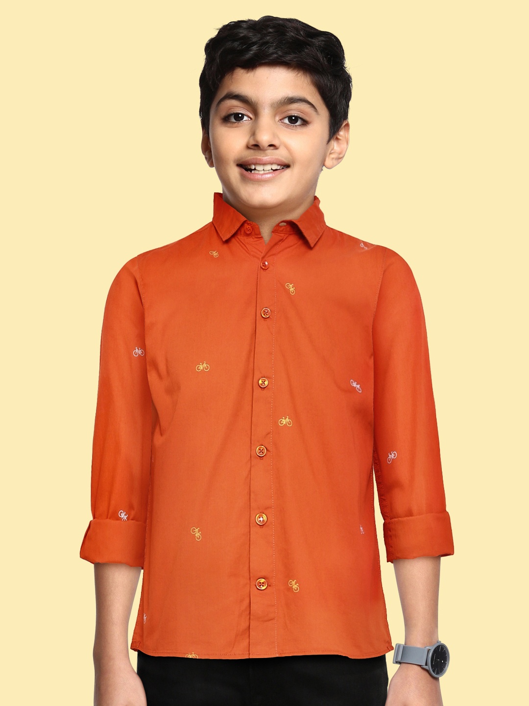 

M&H Juniors Boys Rust Brown Conversational Opaque Printed Pure Cotton Casual Shirt