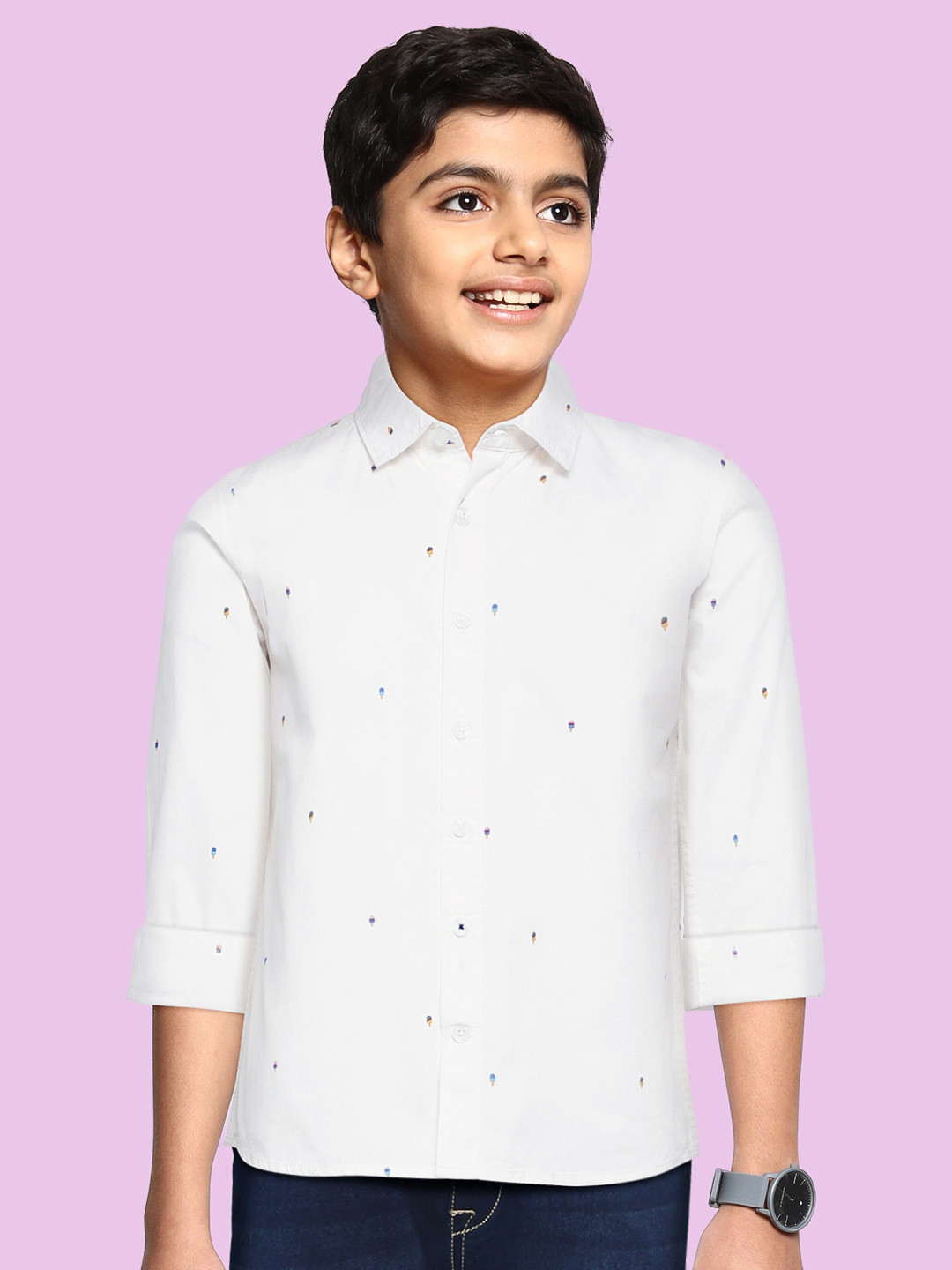

M&H Juniors Boys White Micro Ditsy Opaque Printed Pure Cotton Casual Shirt