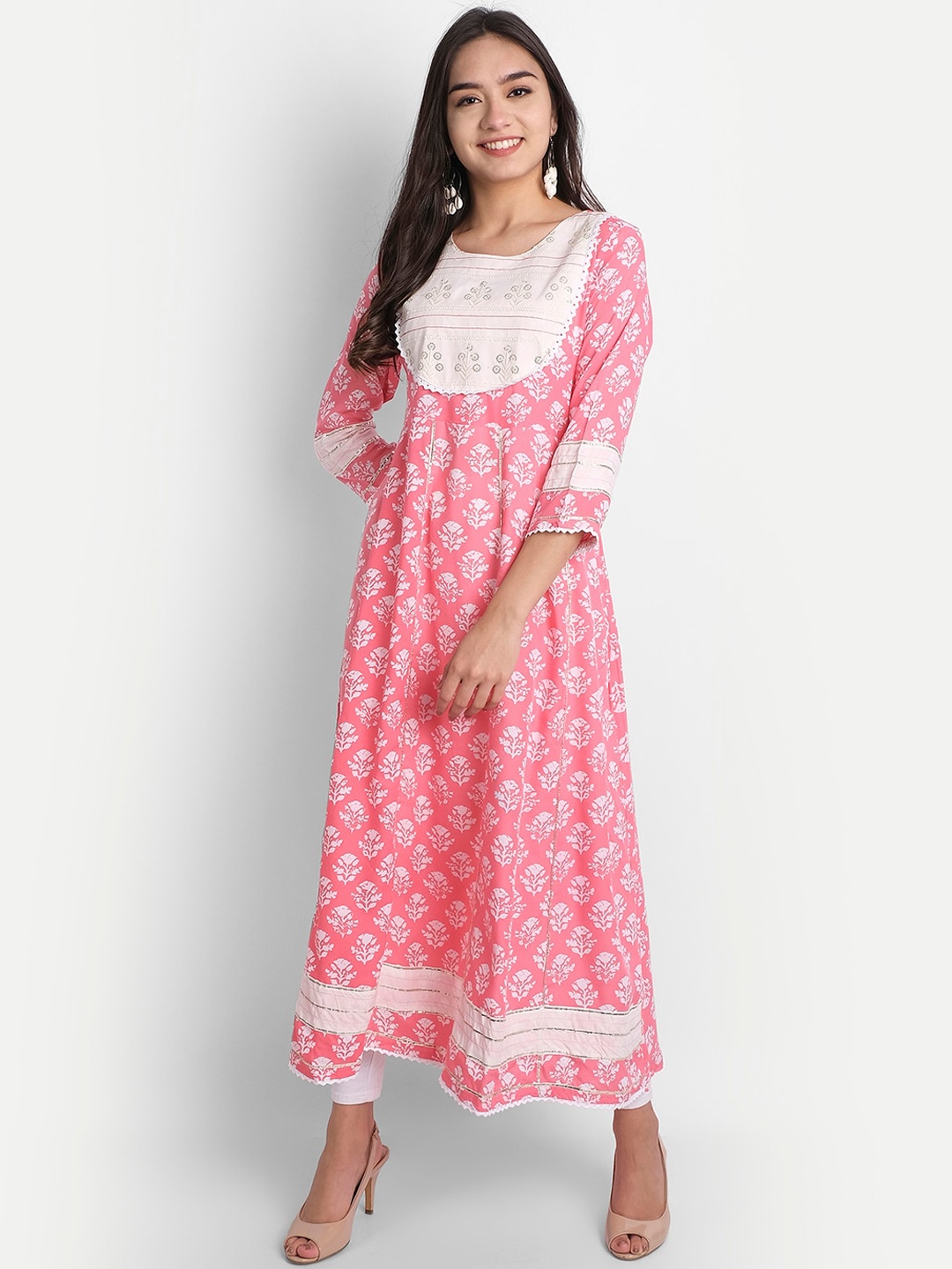

SAABHI Women Pink & Off White Ethnic Motifs Printed Anarkali Kurta