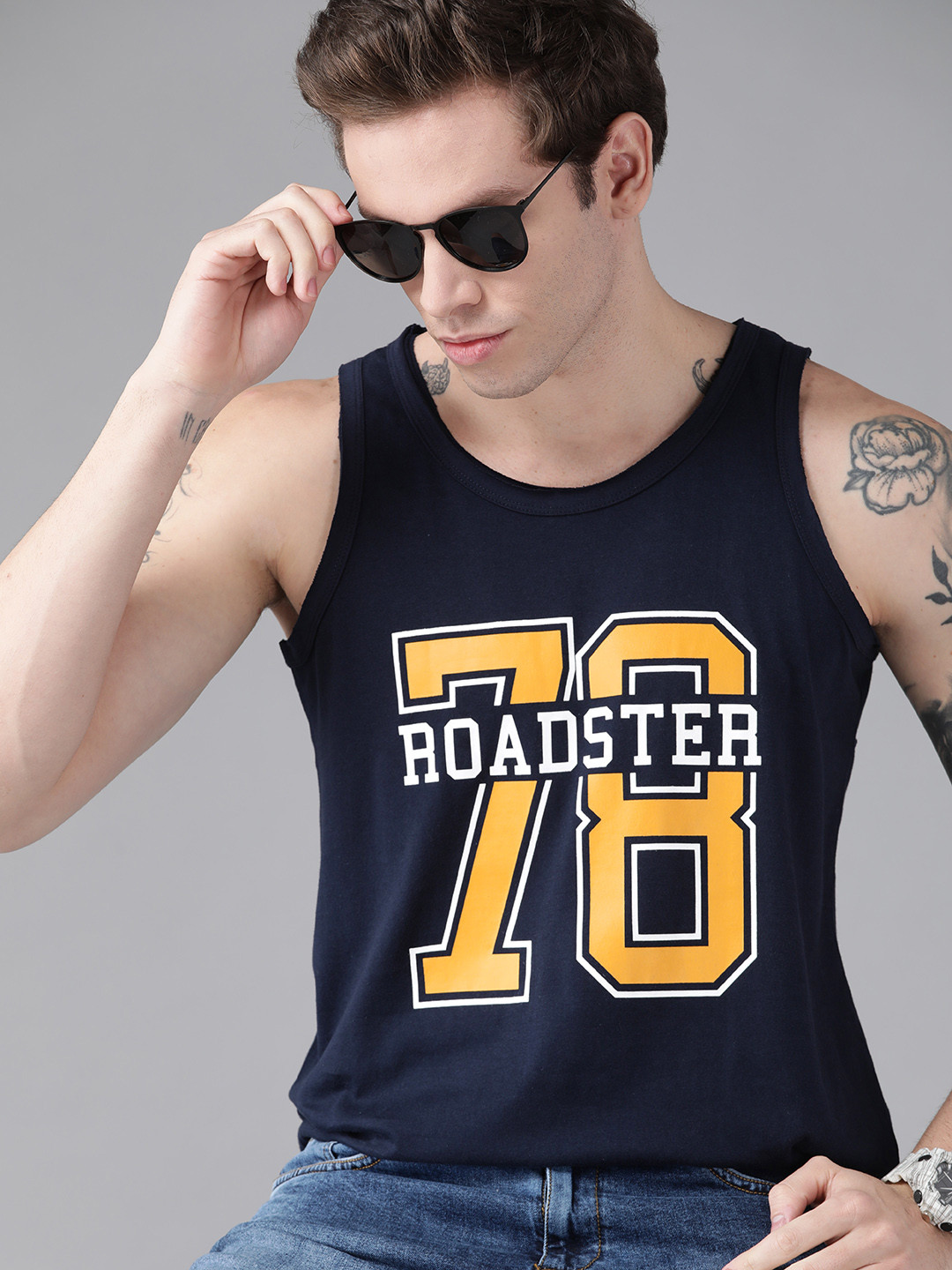 

Roadster Men Navy Blue & White Brand Logo Printed Pure Cotton T-shirt