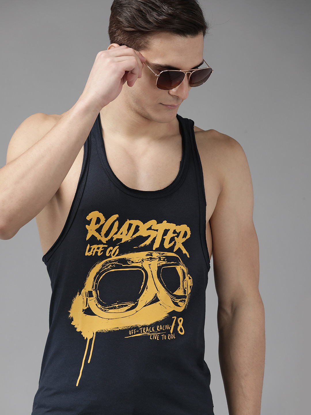 

Roadster Men Navy Blue & Yellow Pure Cotton Brand Logo Printed T-shirt