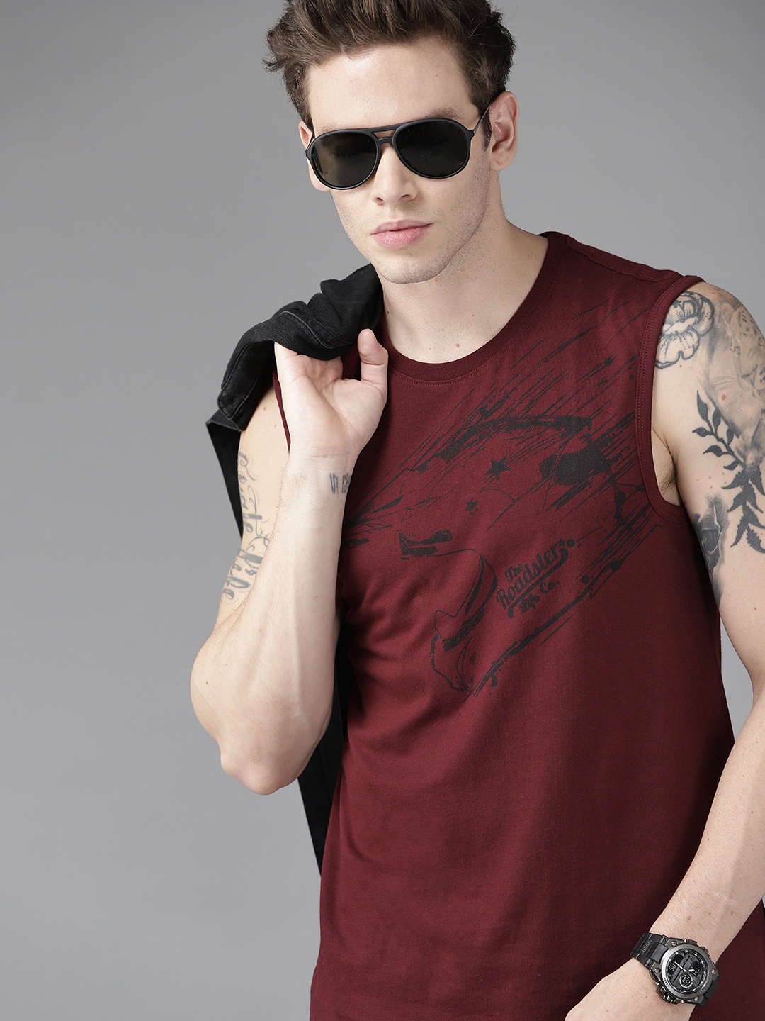

Roadster Men Maroon Biker Printed Pure Cotton T-shirt