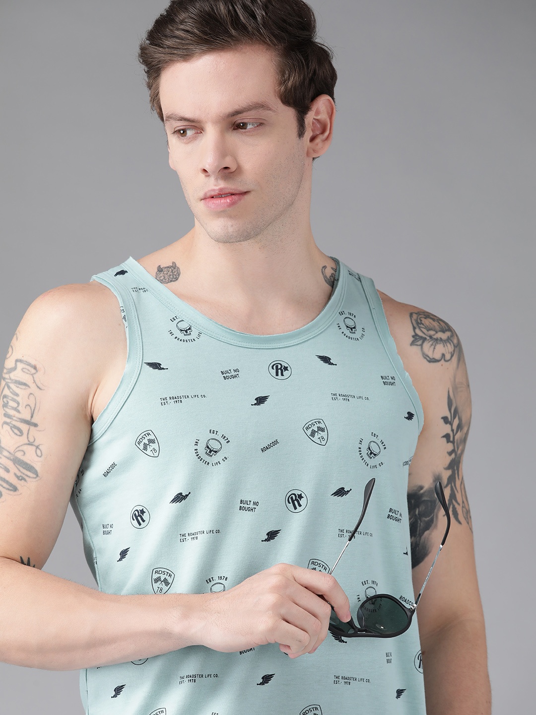 

Roadster Men Blue & Black Brand Logo Printed Pure Cotton T-shirt