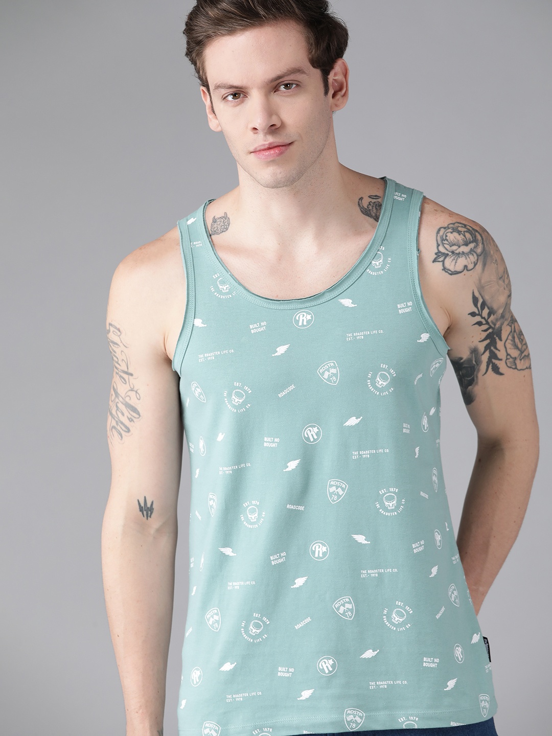 

Roadster Men Blue & White Brand Logo Printed Pure Cotton T-shirt