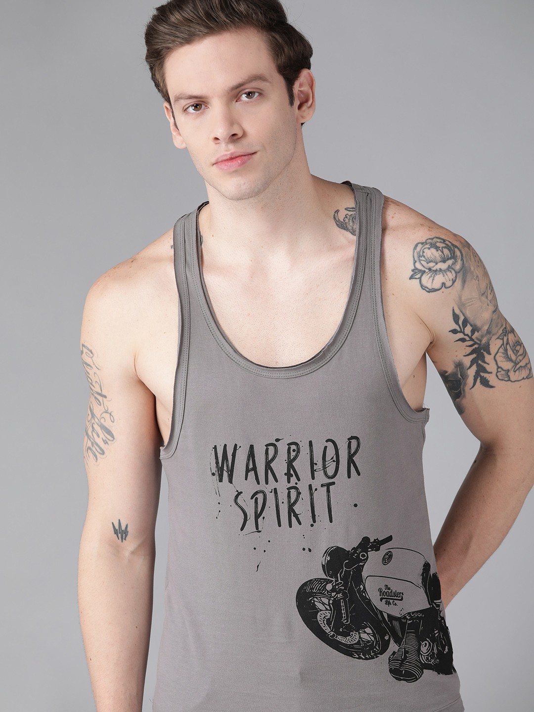 

Roadster Men Charcoal & Black Biker Printed Pure Cotton T-shirt