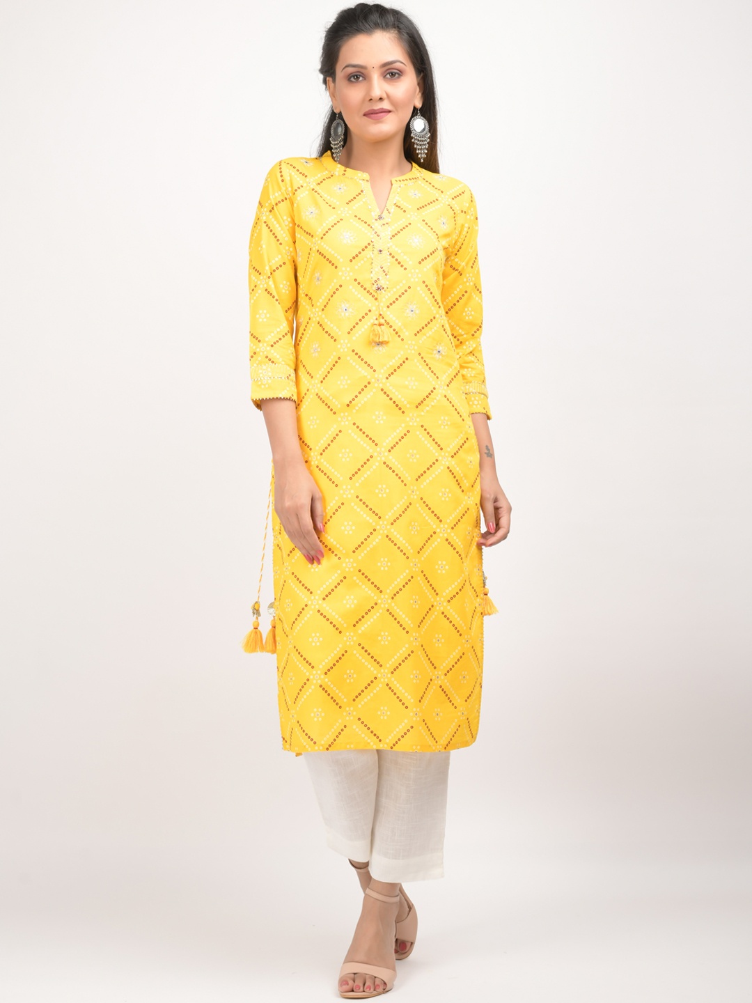 

KAAJH Women Yellow Ethnic Motifs Bandhej Print Cotton Casual Kurta