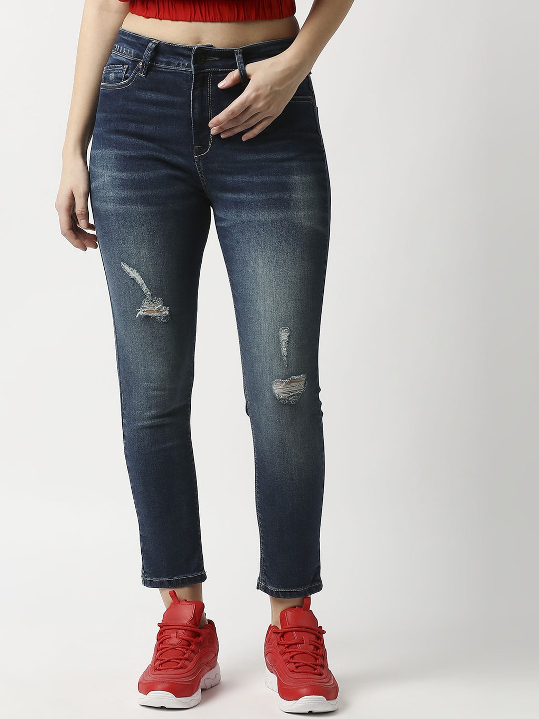

Pepe Jeans Women Blue Skinny Fit High-Rise Low Distress Heavy Fade Jeans