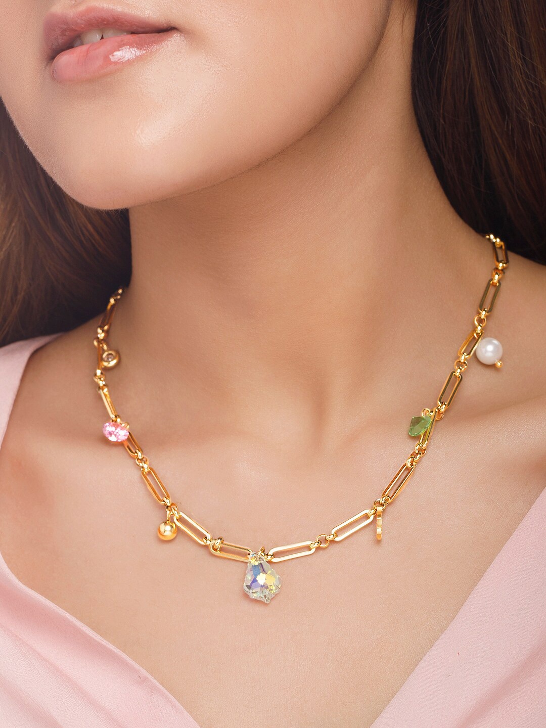 

Rubans Voguish Gold-Toned & Pink 24k Gold-Plated Necklace