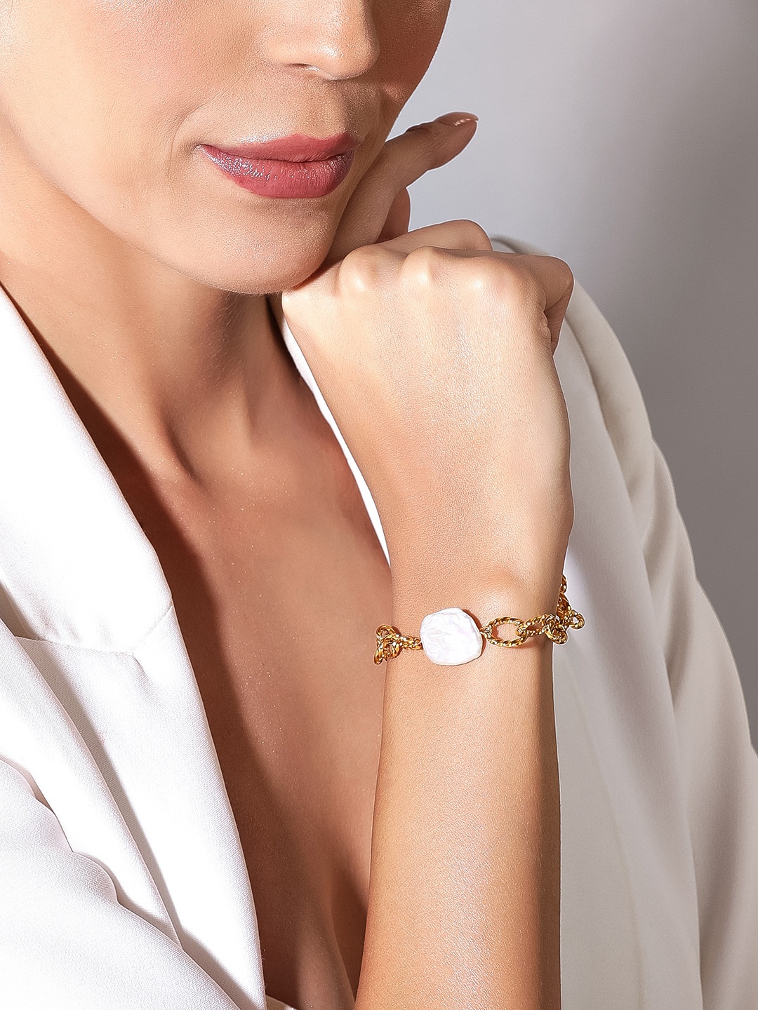 

Rubans Voguish Women 24K Gold-Plated White Pearls Link Bracelet