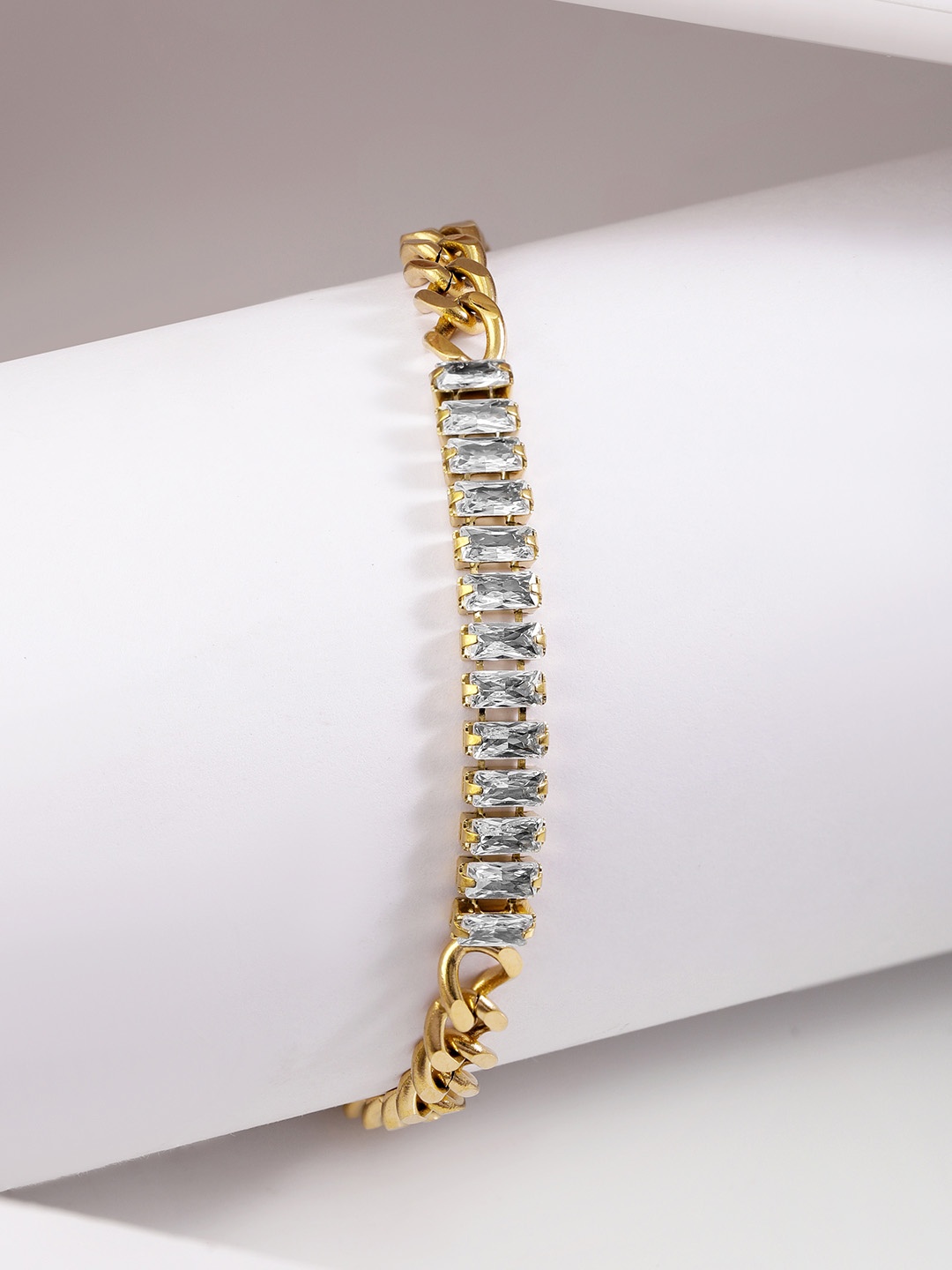 

Rubans Voguish 18k Gold Plated Stainless Steel Crystal Studded Demi-Fine Link Bracelet