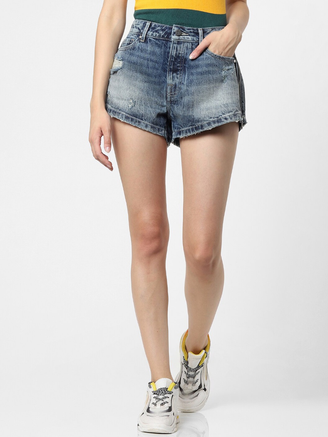 

ONLY Women Blue Washed Regular Fit Distressed Denim Shorts