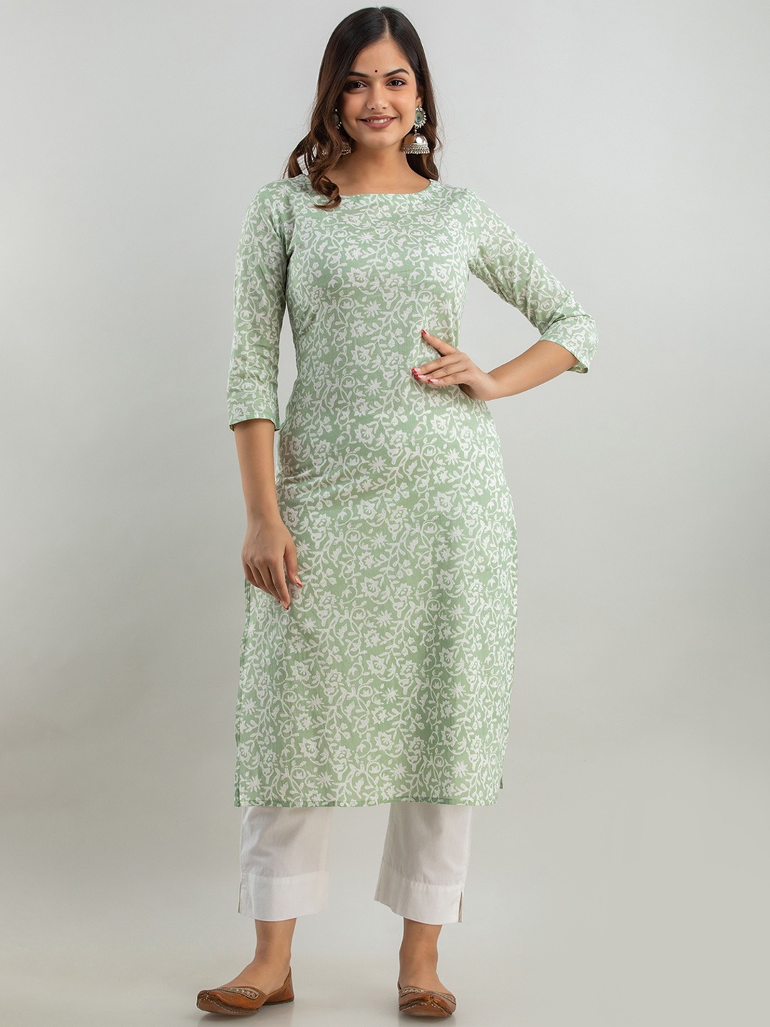 Women Touch Women Sage Green Ethnic Motifs Printed Cotton Kurta