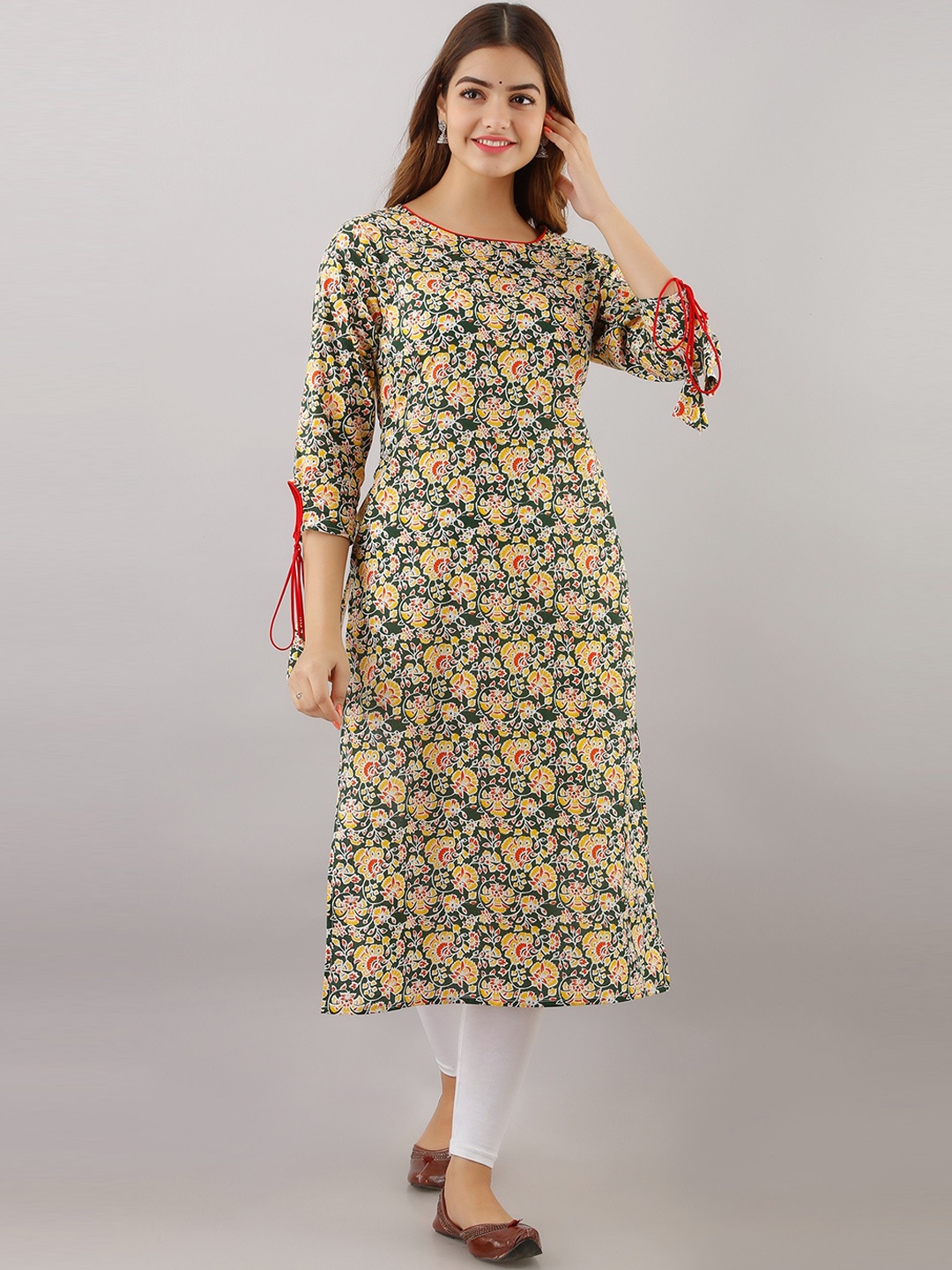 

Women Touch Women Green & Yellow Floral Printed Pure Cotton Straight Floral Kurta