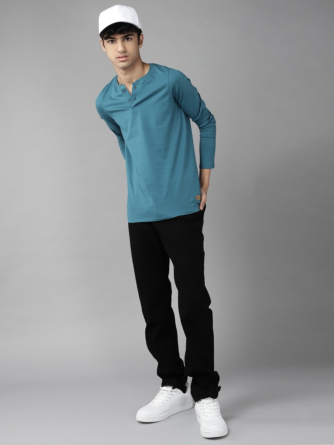 

UTH by Roadster Boys Teal Blue Henley Neck Solid T-shirt
